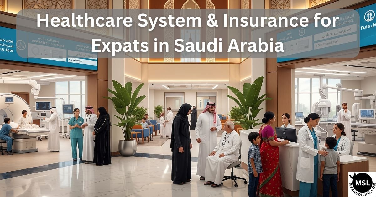Modern hospital interior in Saudi Arabia with doctors assisting patients, representing healthcare and insurance for expats
