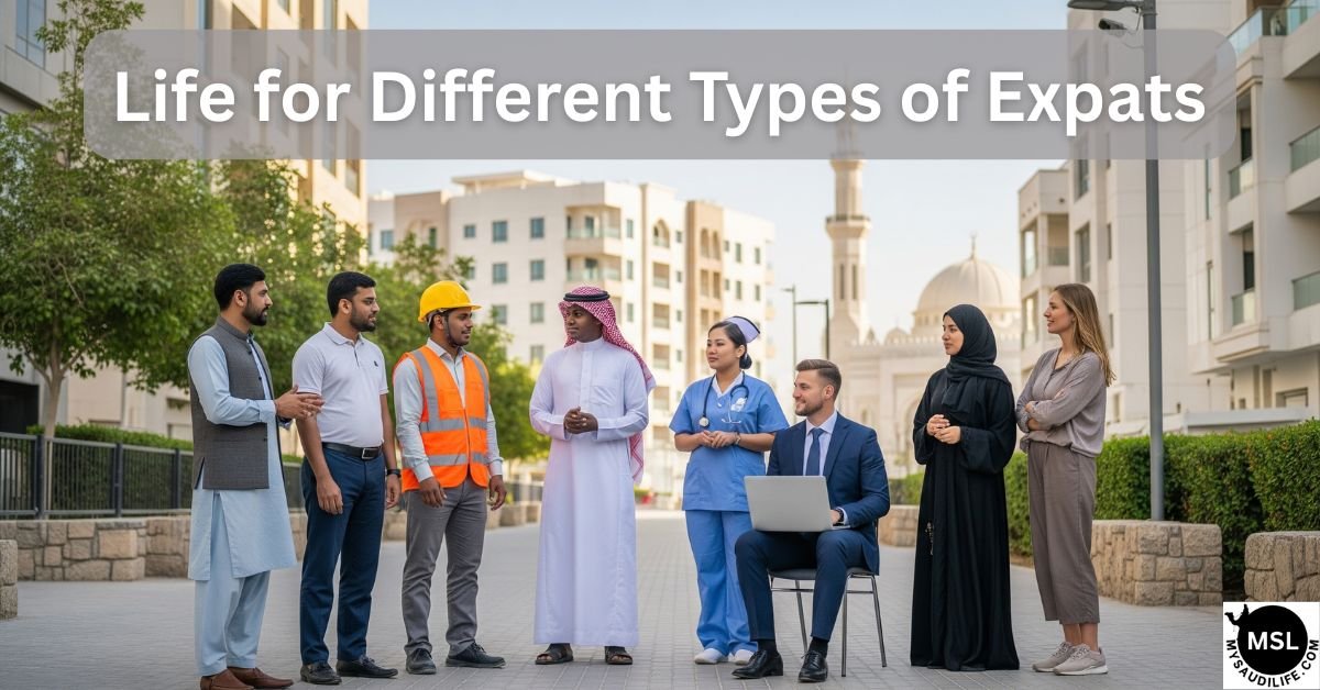 Diverse expats in Saudi Arabia, including professionals and workers from different cultures, with modern housing and a mosque in the background