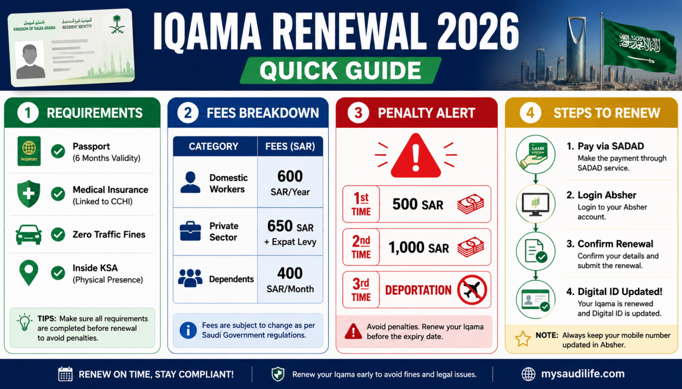 Saudi Arabia Iqama Renewal Process 2026 Step-by-Step Guide for Expats on Absher and Muqeem platforms with latest fees and requirements.