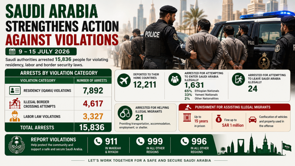 Saudi authorities arresting illegal residents and expats for residency and labor law violations 2026