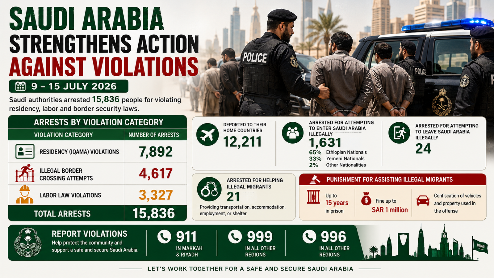 Saudi Arabia Arrests Over 15,000 Law Violators in One Week: Latest Report